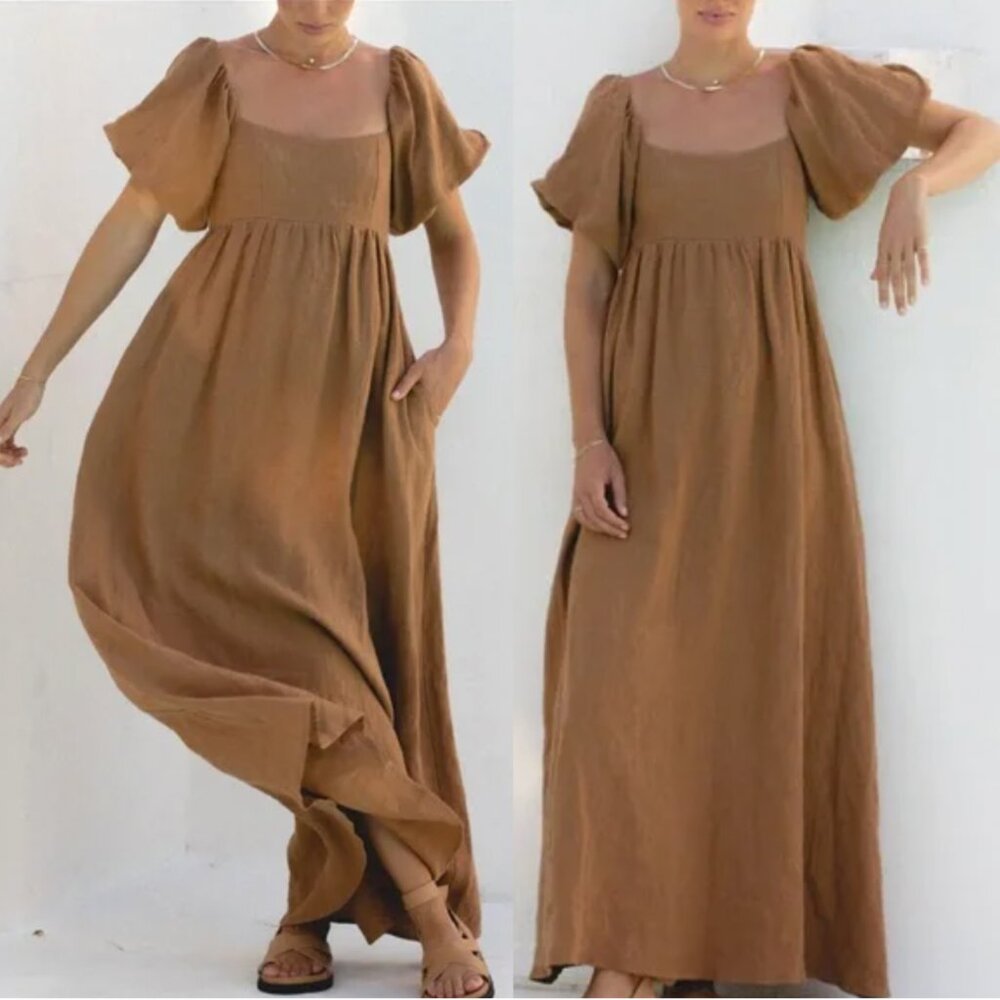 Brown Puff-Sleeve Maxi Dress - Casual Summer